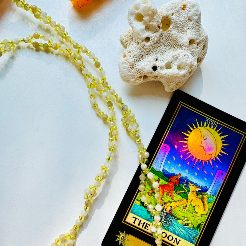 Citrine tantric necklace with arcana card and seashell