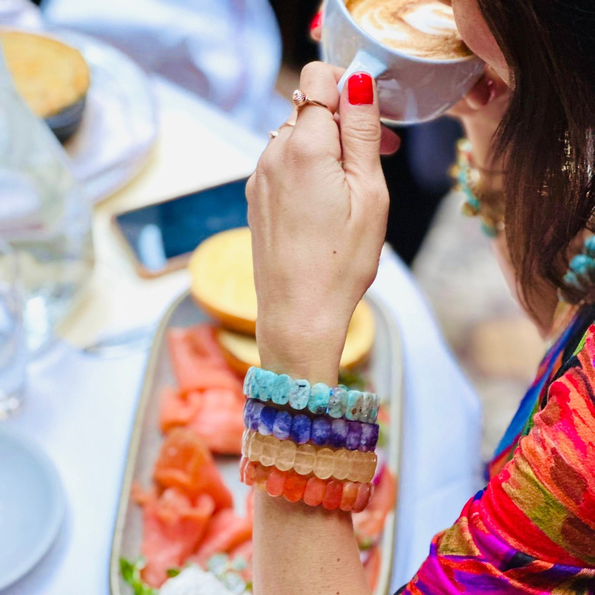colorful bracelets worn on model