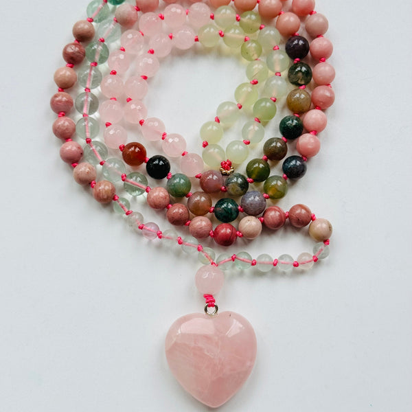 Pink gemstone beaded mala with pink heart pendant
