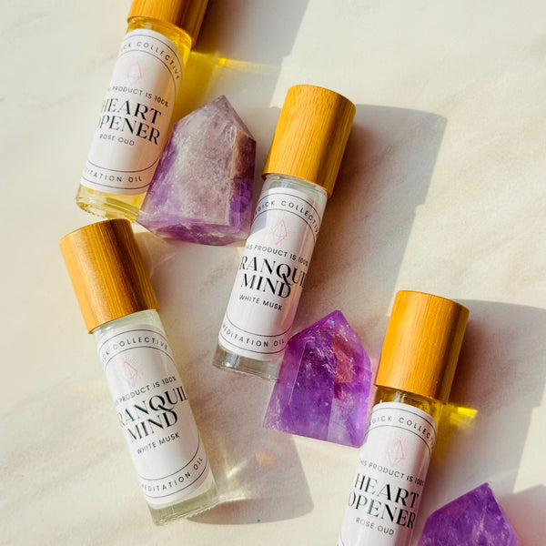 Tranquil Mind and Heart Opener Oils with wooden cap and amethyst