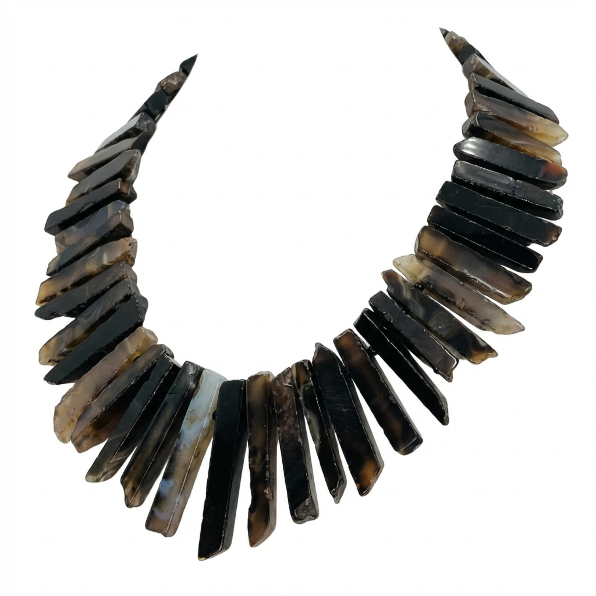 Necklace with black and brown stone-like elements on a white background
