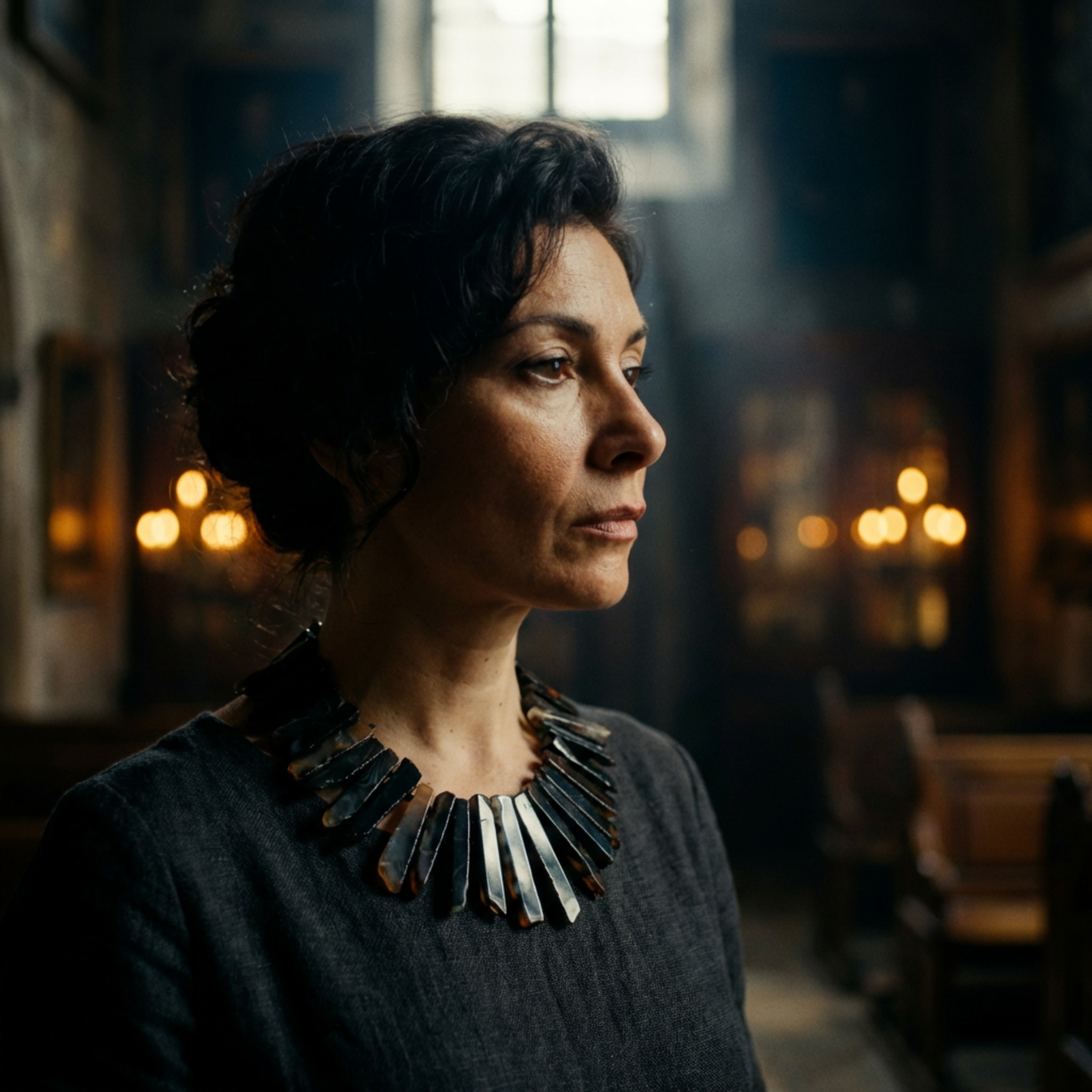 Woman wearing a detailed necklace in a dimly lit room with warm lighting