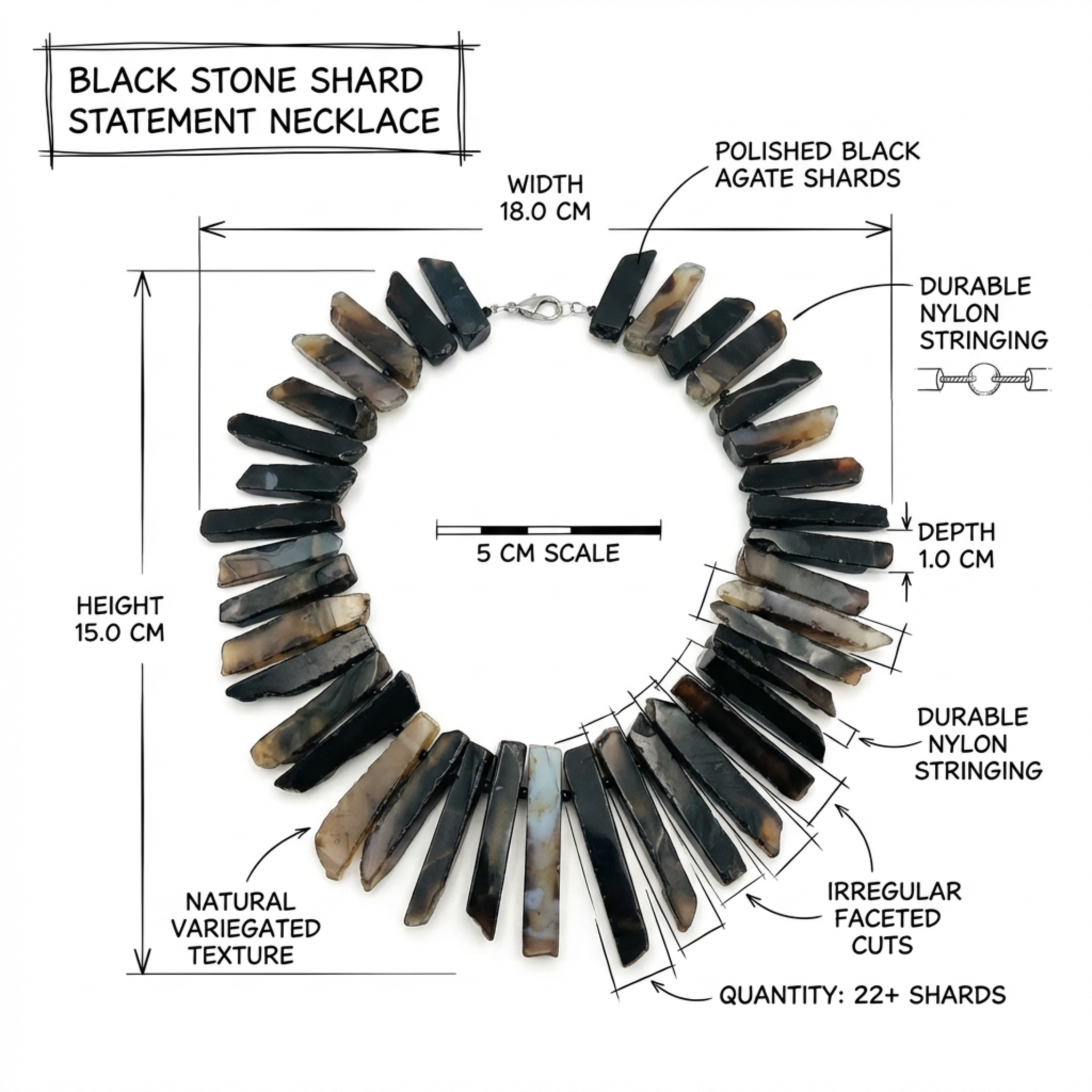 Black stone shard statement necklace with measurements and details on a white background