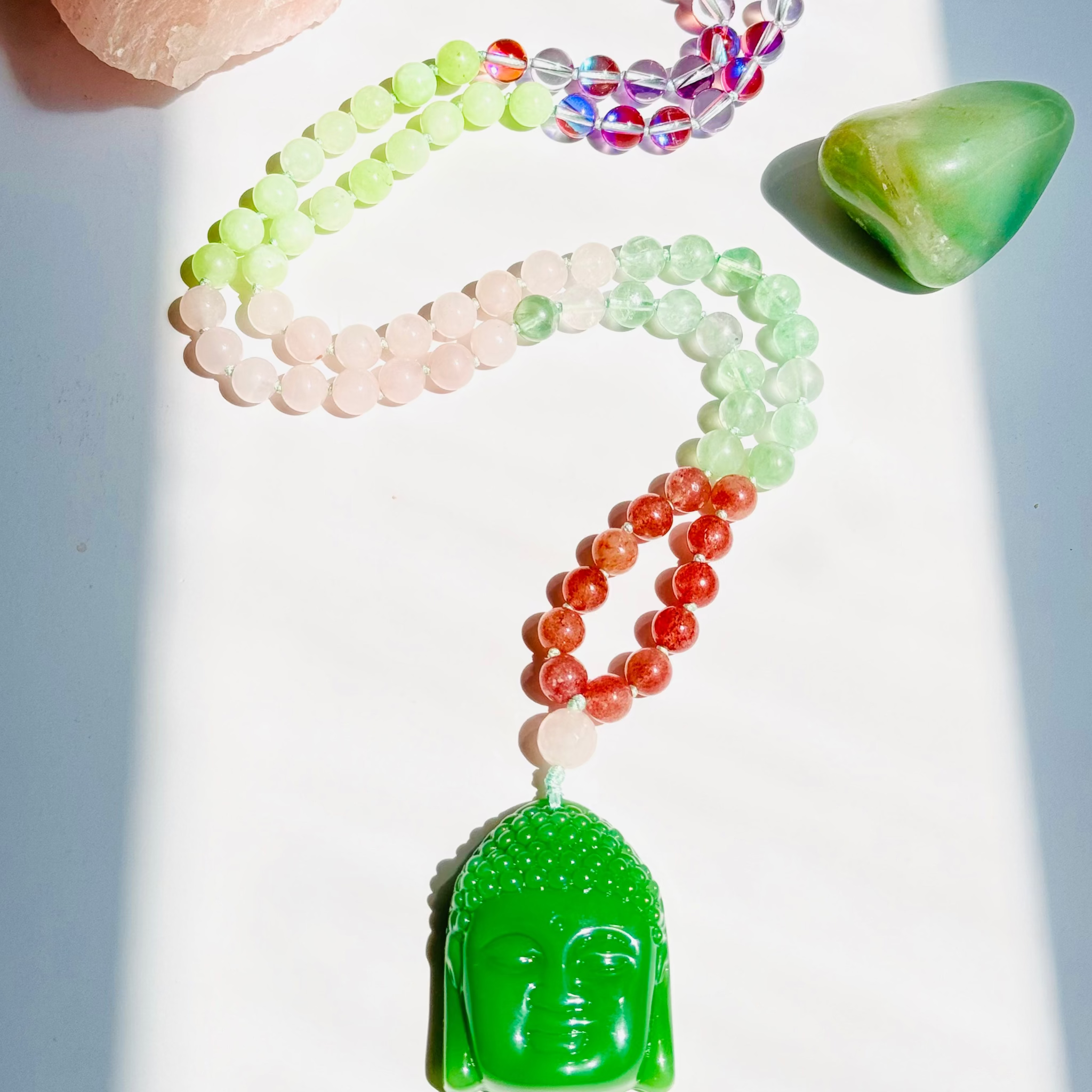 bliss mala with pink and green gemstones