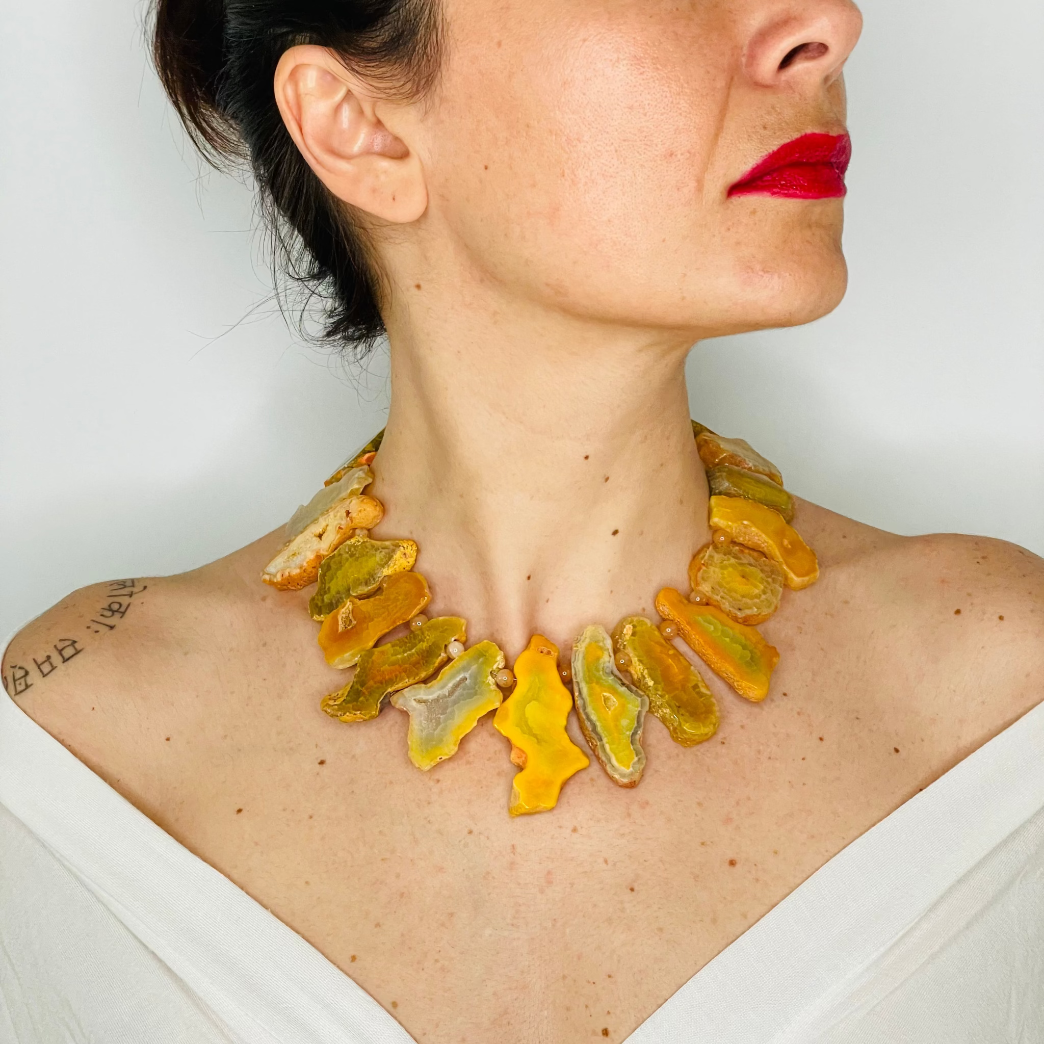 Slab Cut Honey Agate Statement Necklace on model