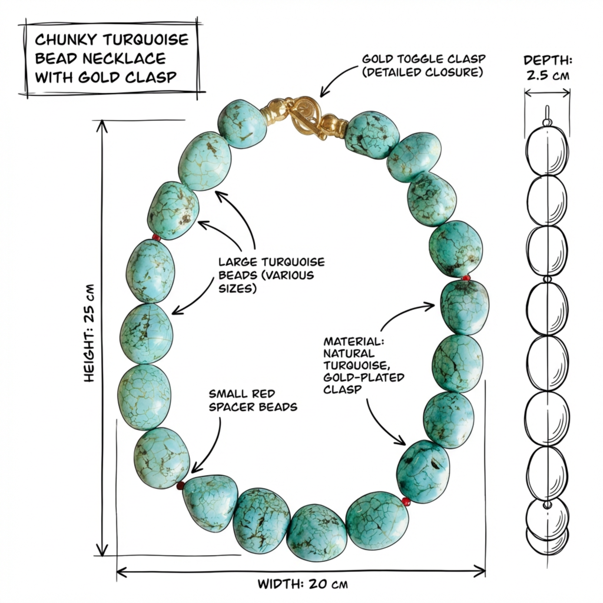 Illustration of a turquoise bead necklace with gold clasp, showing measurements and details.