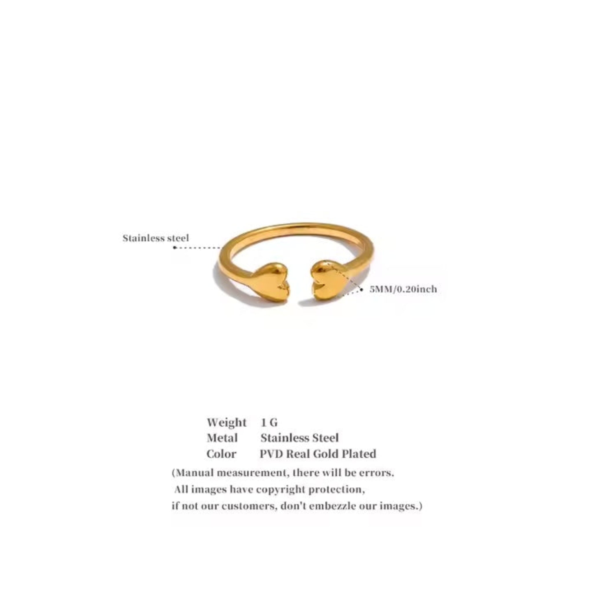Gold open ring with heart design on a white background.