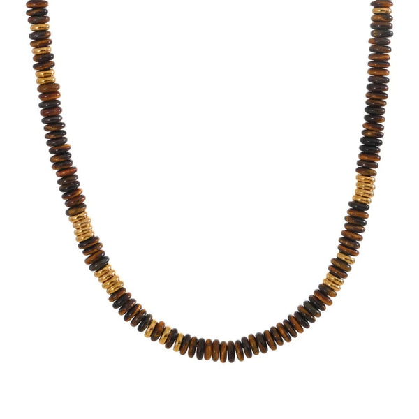 Necklace with brown and black beaded design on a white background