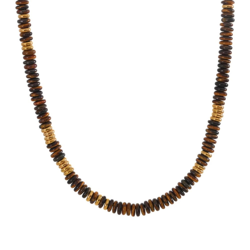 Necklace with brown and black beaded design on a white background