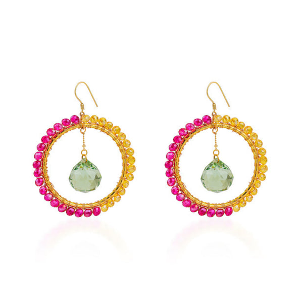 A pair of Glamour Suncatcher Earrings with a sunburst design featuring pink, yellow, and green gemstones, set in a gold-colored frame.