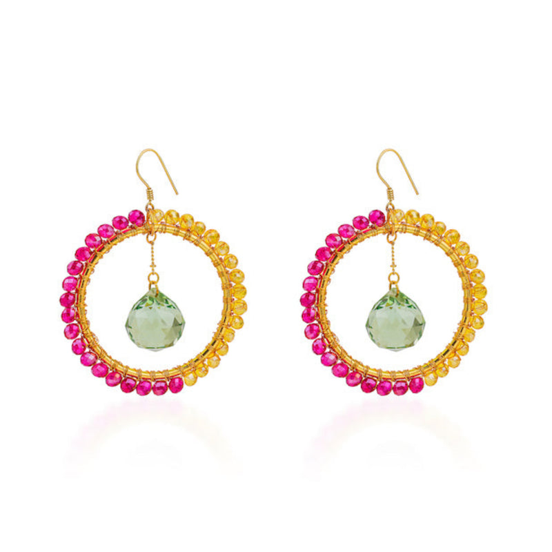 A pair of Glamour Suncatcher Earrings with a sunburst design featuring pink, yellow, and green gemstones, set in a gold-colored frame.