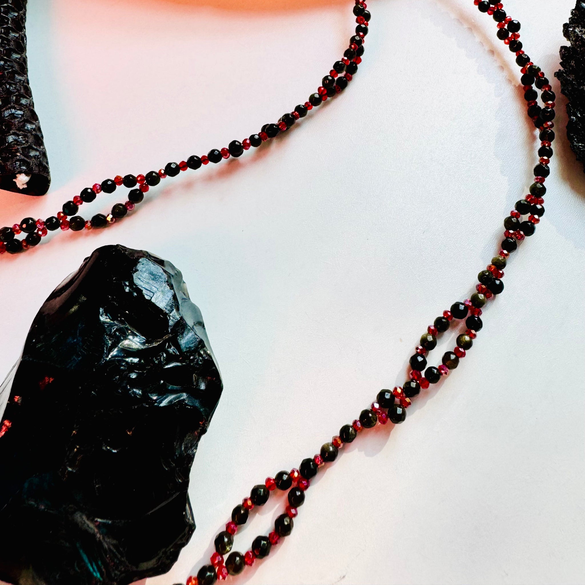 Black crystal and black tantric necklace with red beads