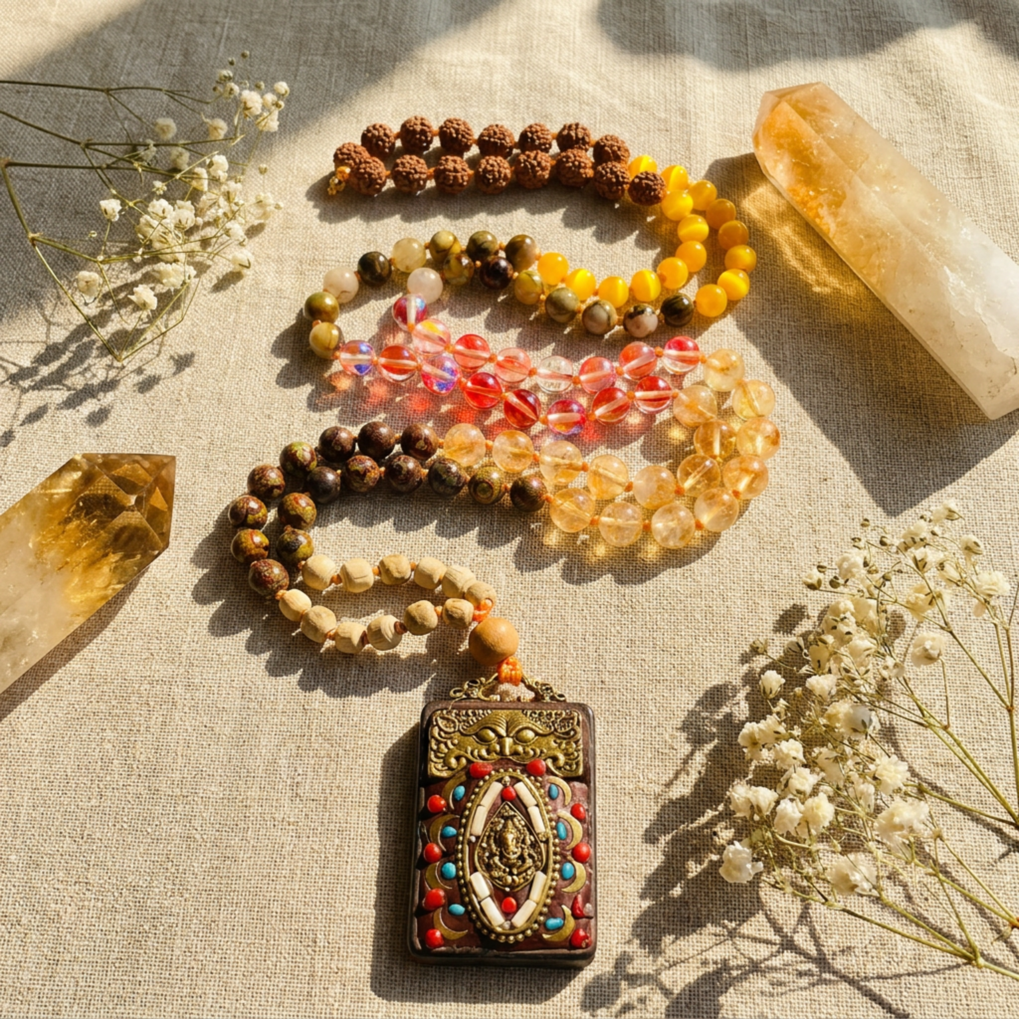Necklace with colorful pendant and beads on a textured surface with crystals and flowers