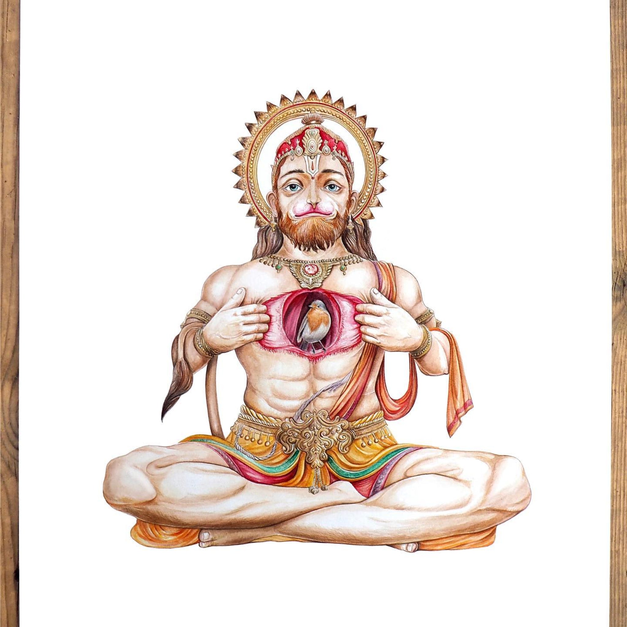 Colorful depiction of a seated deity with intricate details on a white background