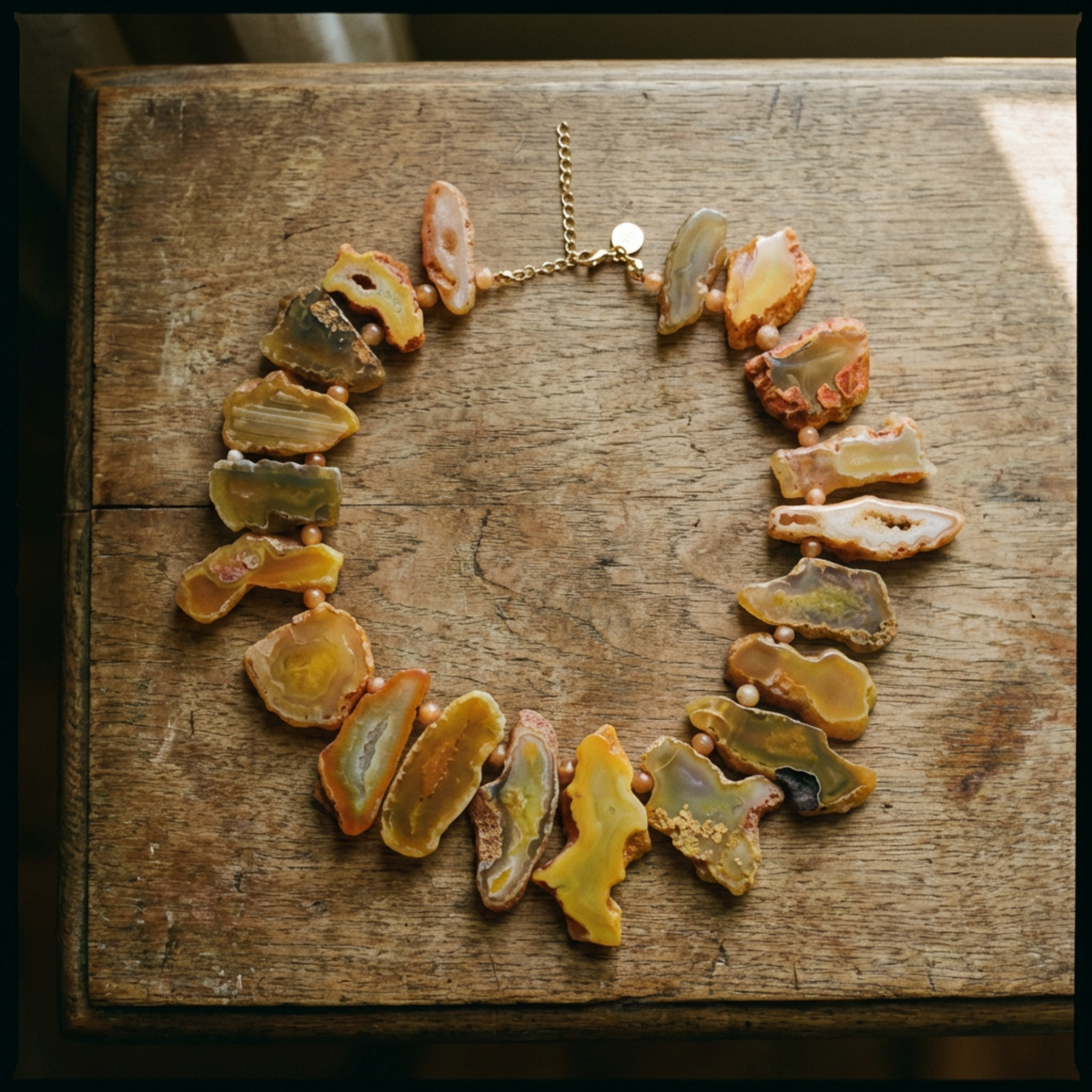 Necklace with agate stones on a wooden surface