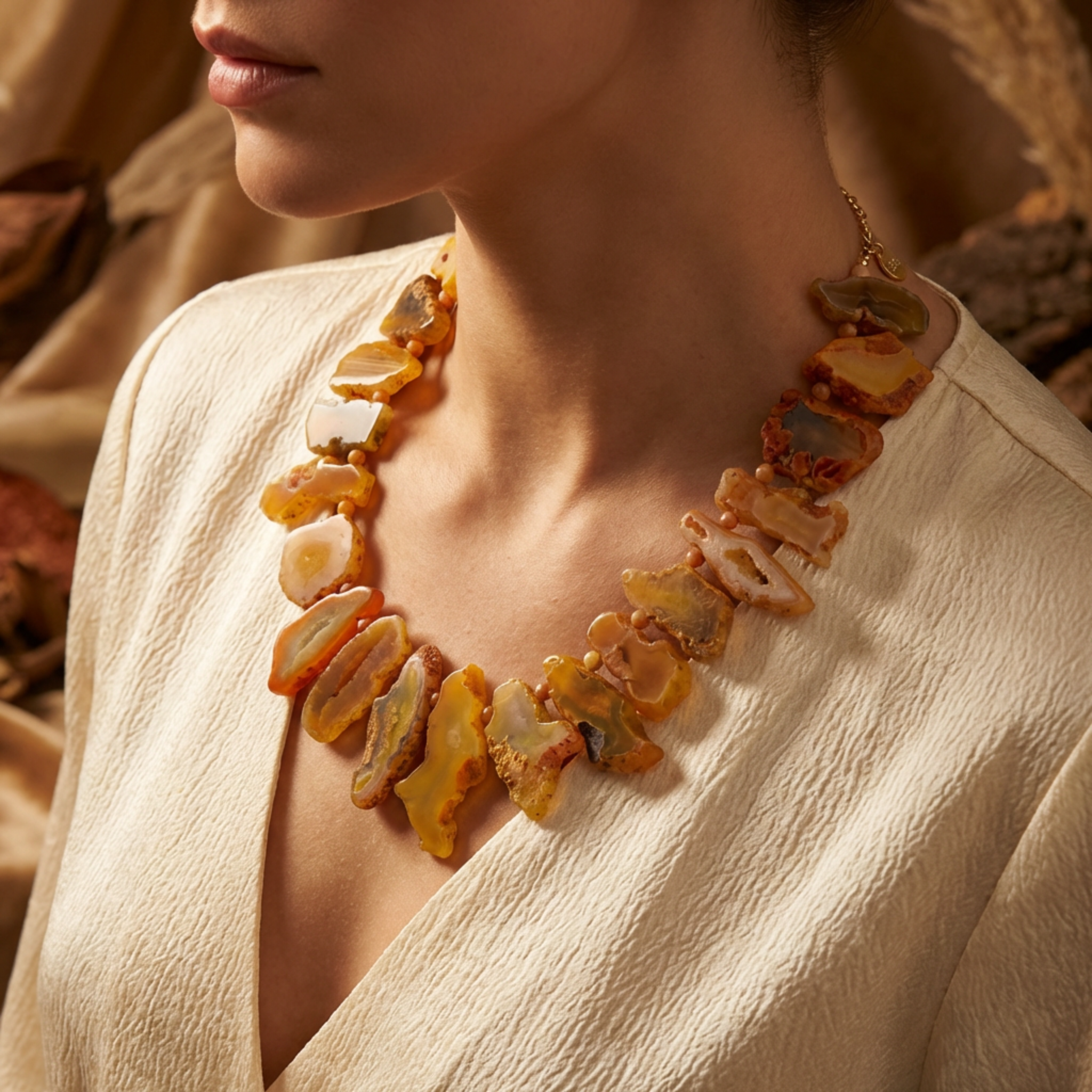 Close-up of a person wearing an amber necklace with a neutral background
