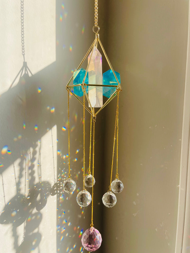 Rose & Blue Quartz Tower Hexagonal Pyramid Suncatcher