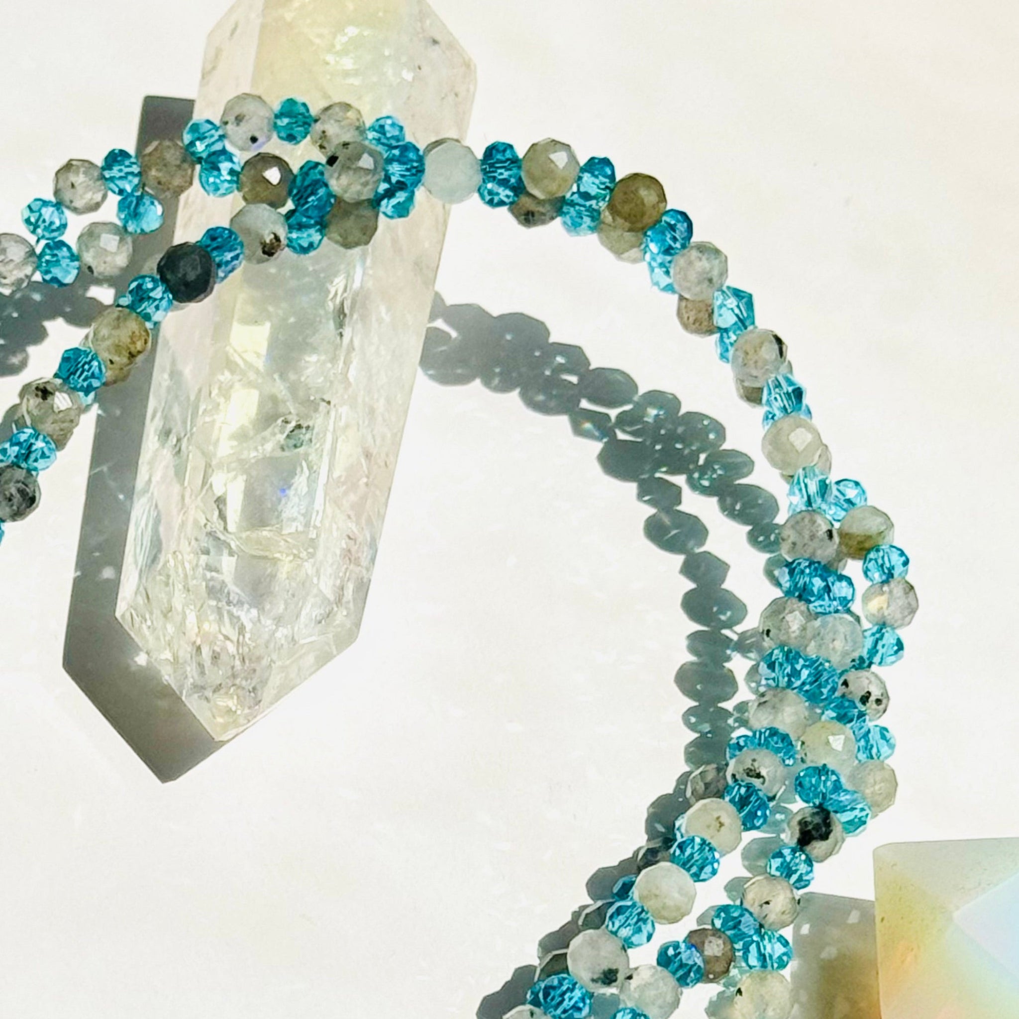 Closeup photo of beaded Moonstone tantric necklace