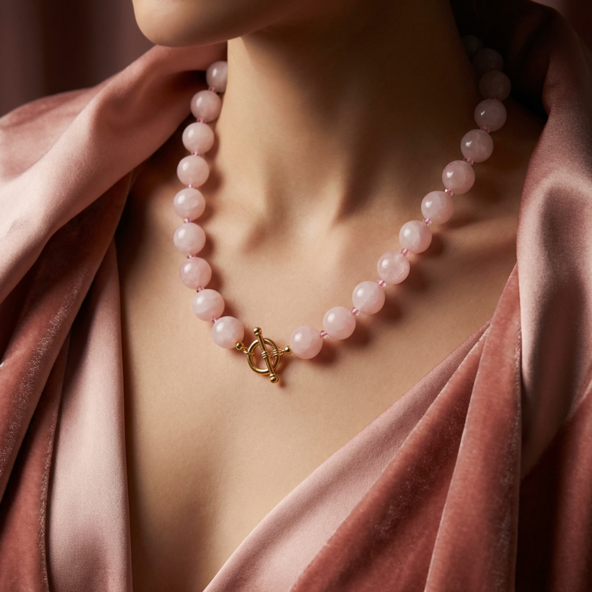 Pink pearl necklace with a gold clasp on a person wearing a pink garment.