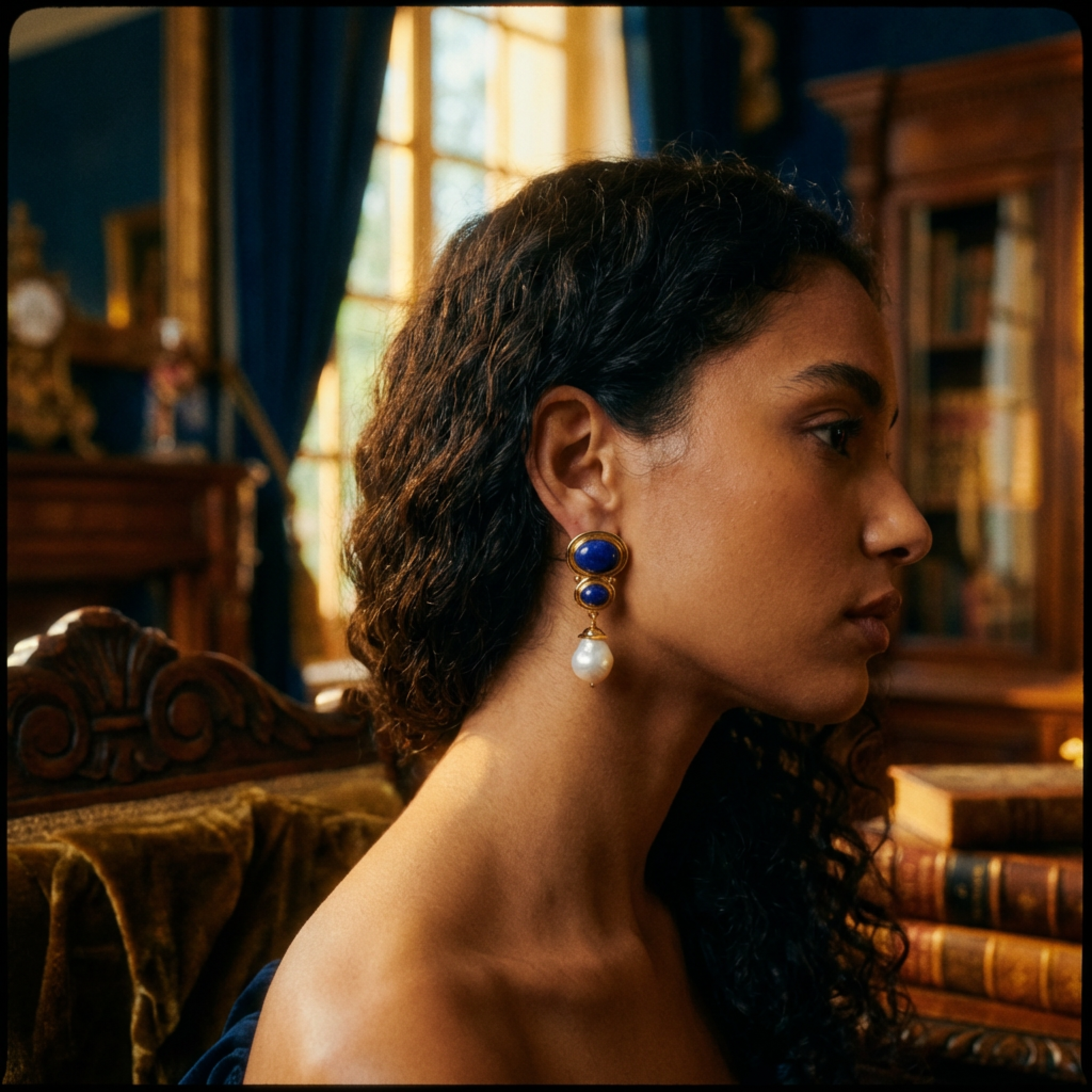Woman wearing earrings in a room with books and a window