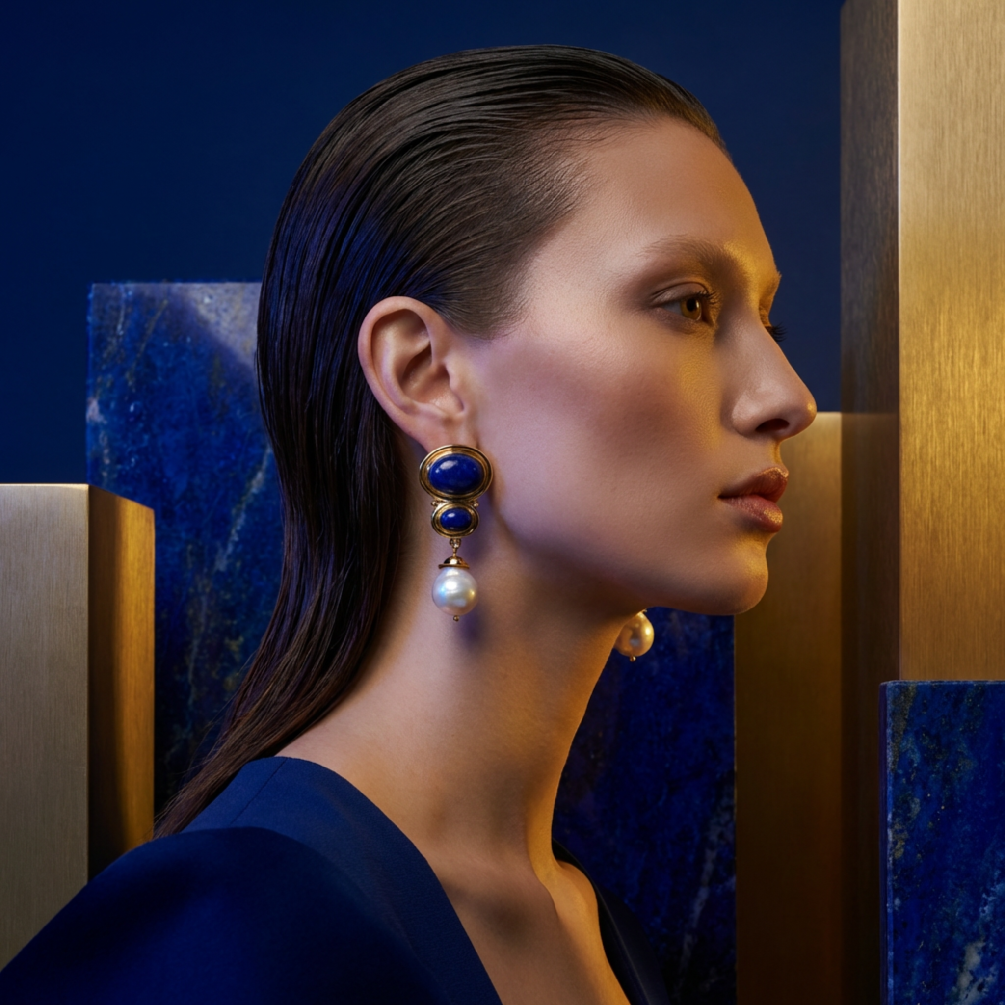 Woman wearing elegant earrings with a blue and gold background