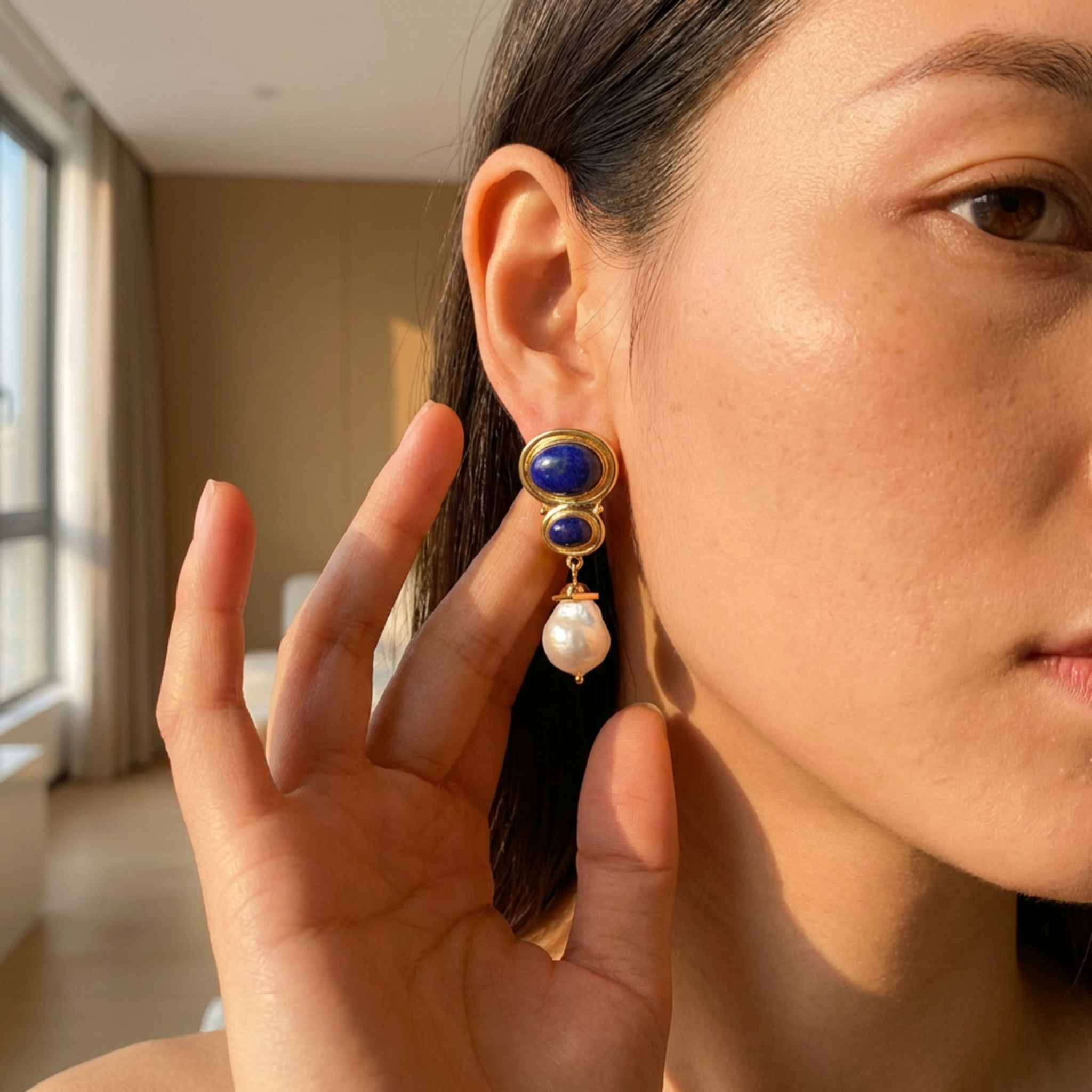 Close-up of a woman wearing a gold earring with a blue gemstone and pearl.