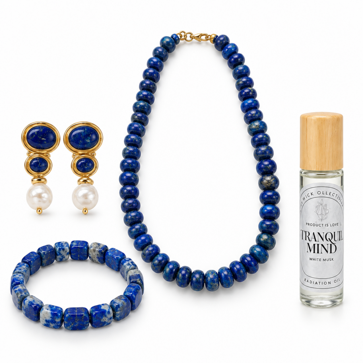 Lapis lazuli necklace, bracelet, earrings and tranquil mind oil on white background