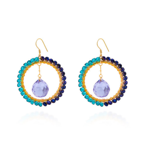 A pair of magnetic suncatcher earrings with blue and green stones set in a gold-tone frame, designed to dangle and reflect light.