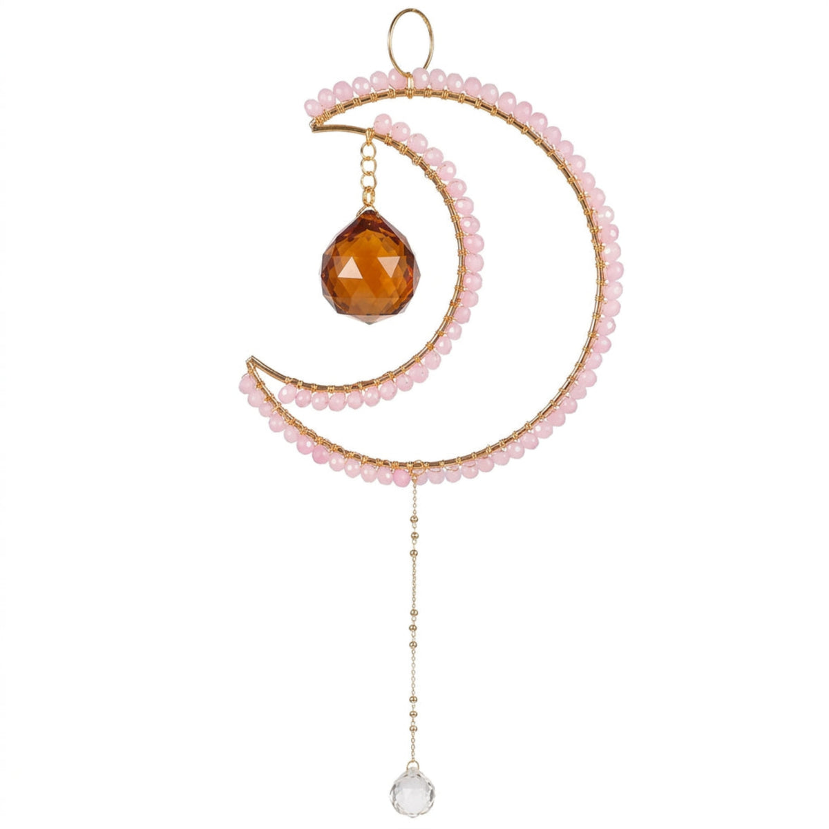 A crescent moon suncatcher ornament featuring a gold metal frame, pink faceted beads, a faceted amber-orange teardrop crystal, and a dangling clear crystal charm, shown against a plain white background.