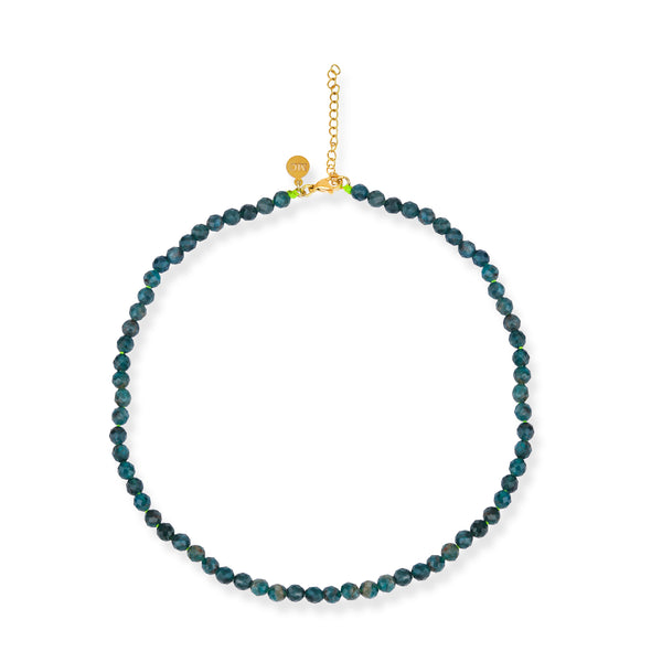 A beaded apatite necklace with a gold plated lobster clasp, featuring vibrant blue beads.