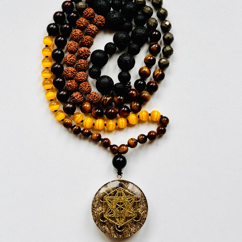A beaded mala necklace with a Metatron's Cube pendant, featuring various colored beads and a gold-colored pendant.
