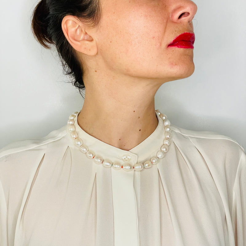 Midi Pearl Necklace on model with shirt