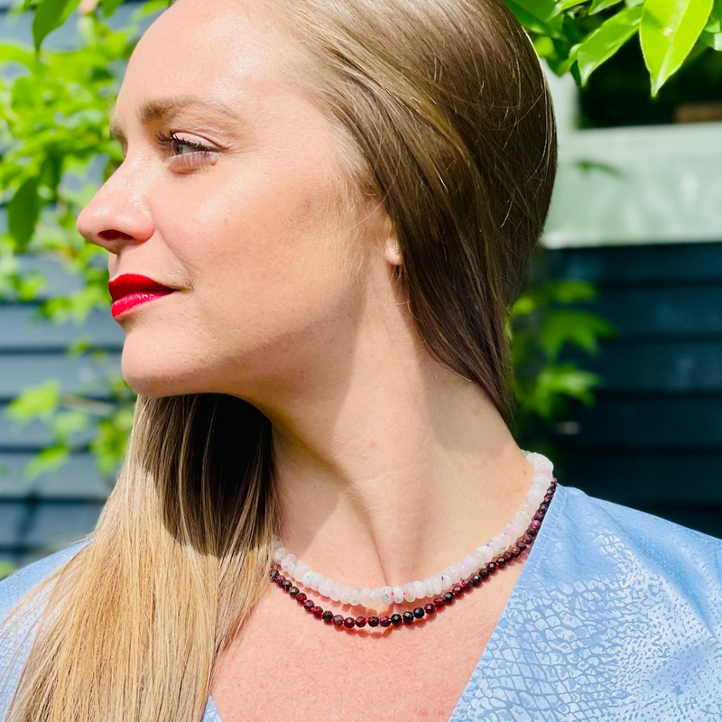 Model wearing Moonstone Beaded Nekclace
