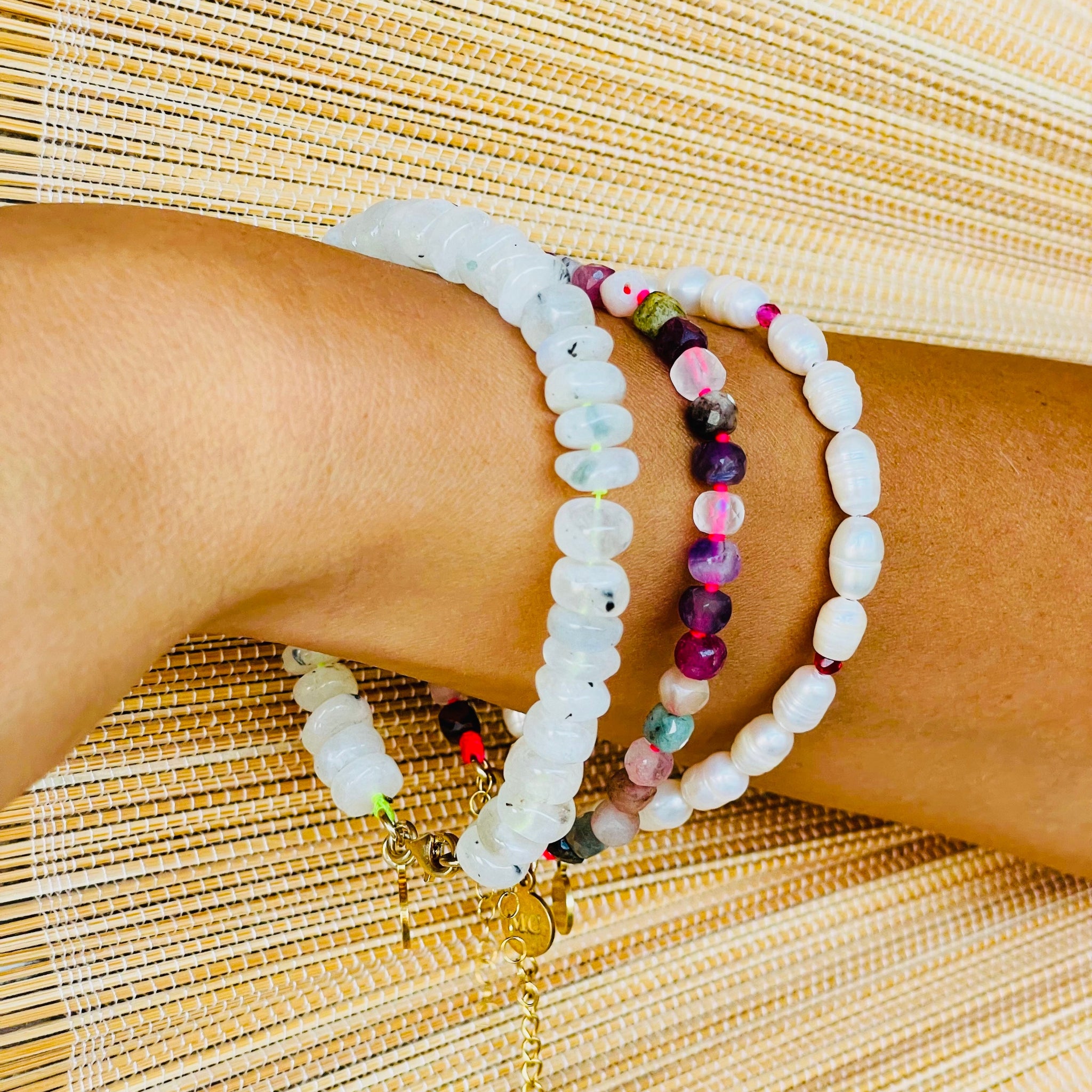 Moonstone and other bracelet on model arm