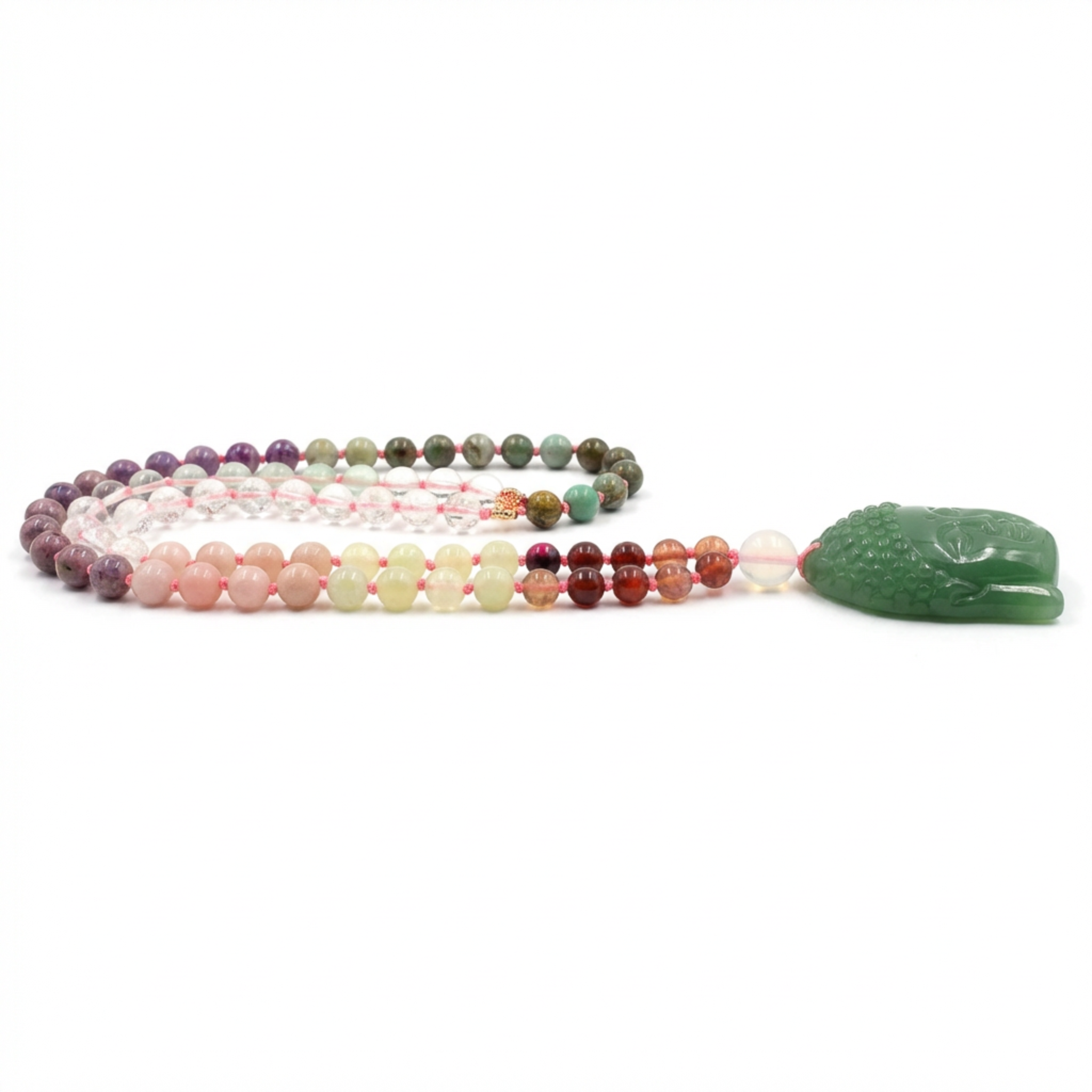 Multicolored beaded necklace with a green jade leaf pendant on a white background