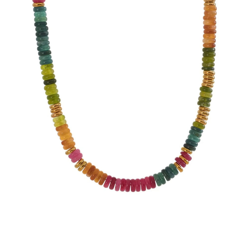 Necklace with multicolored beads on a white background