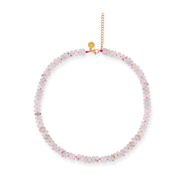 A beaded moonstone necklace with a gold-plated silver closure, displaying a series of round moonstone beads on a chain.
