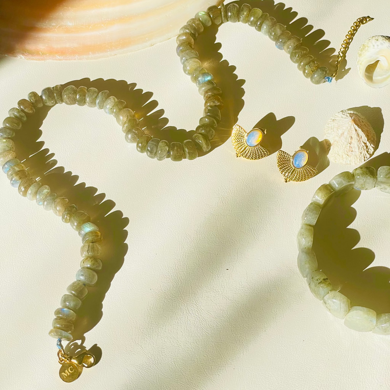 Jewelry set including necklace, bracelet, and earrings on a light background