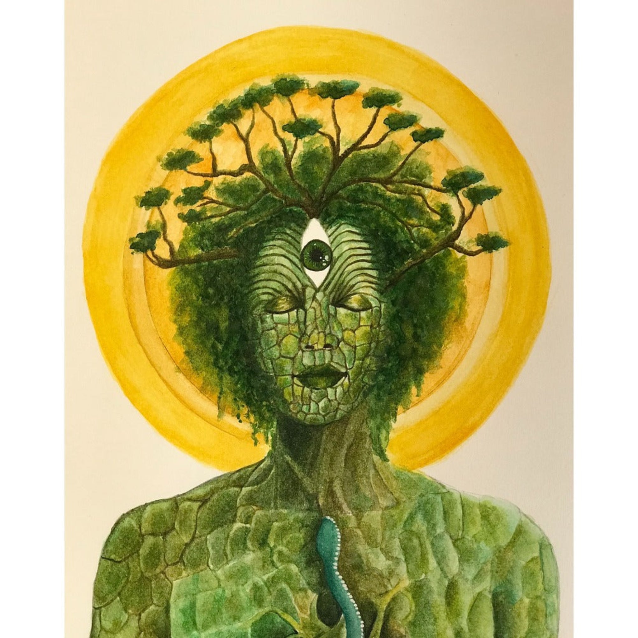 Artistic depiction of a green-skinned figure with tree-like features against a yellow circle on a beige background
