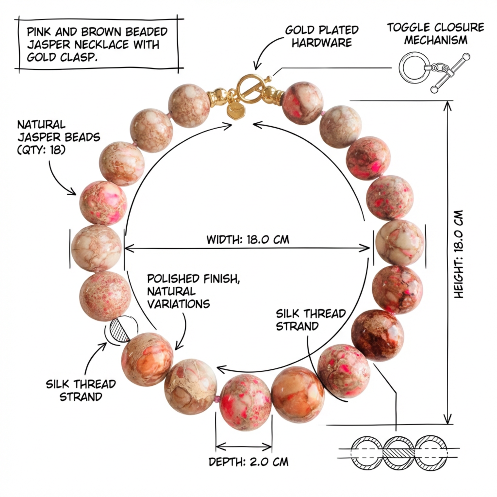 Diagram of a pink and brown beaded jasper necklace with gold clasp, showing measurements and features.