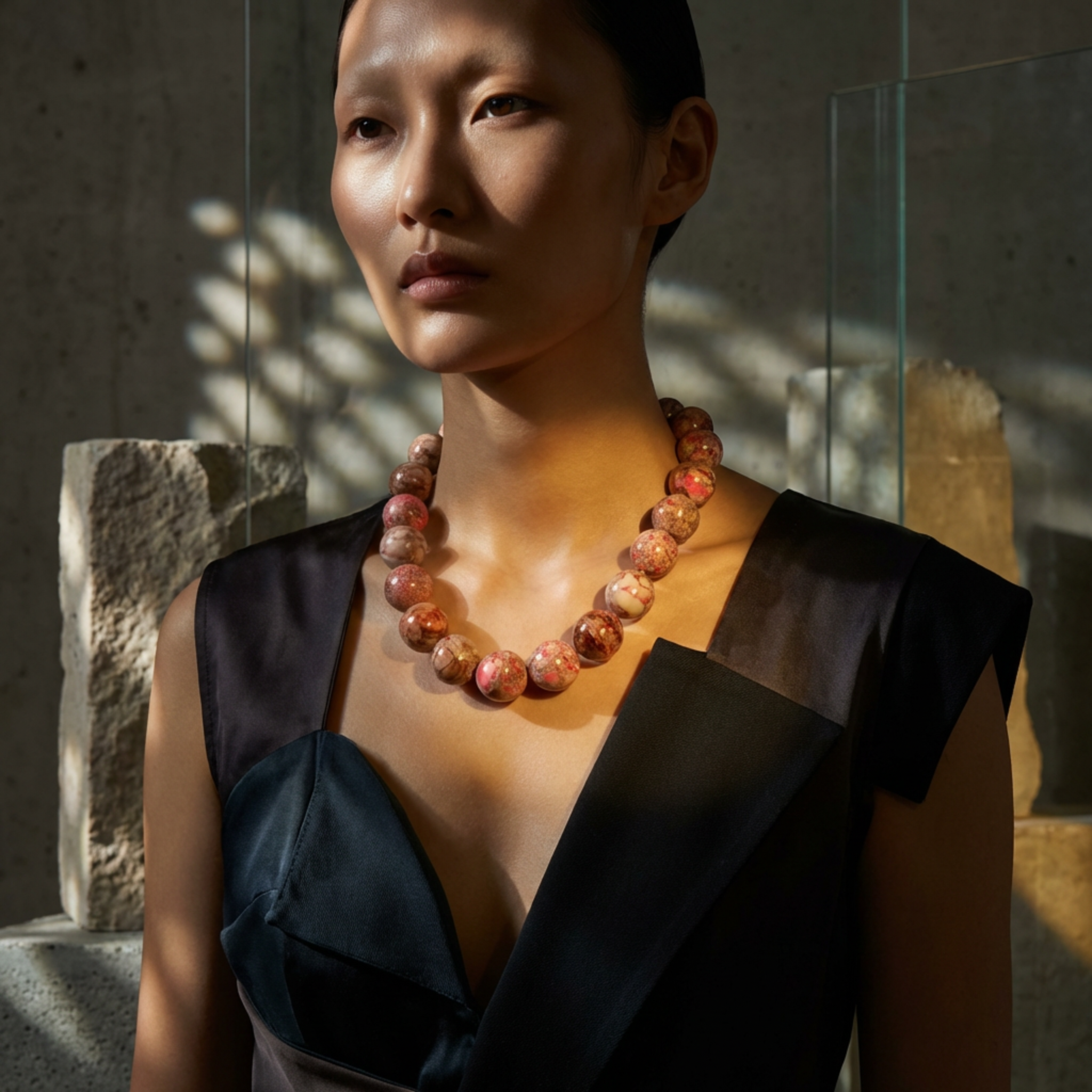 Woman wearing a dark dress and a colorful beaded necklace in a softly lit room.