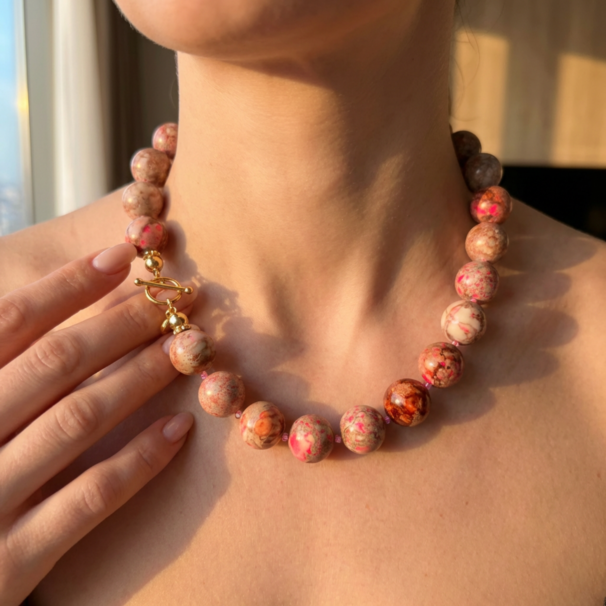 Necklace with marbled beads worn by a person, with a hand adjusting it.