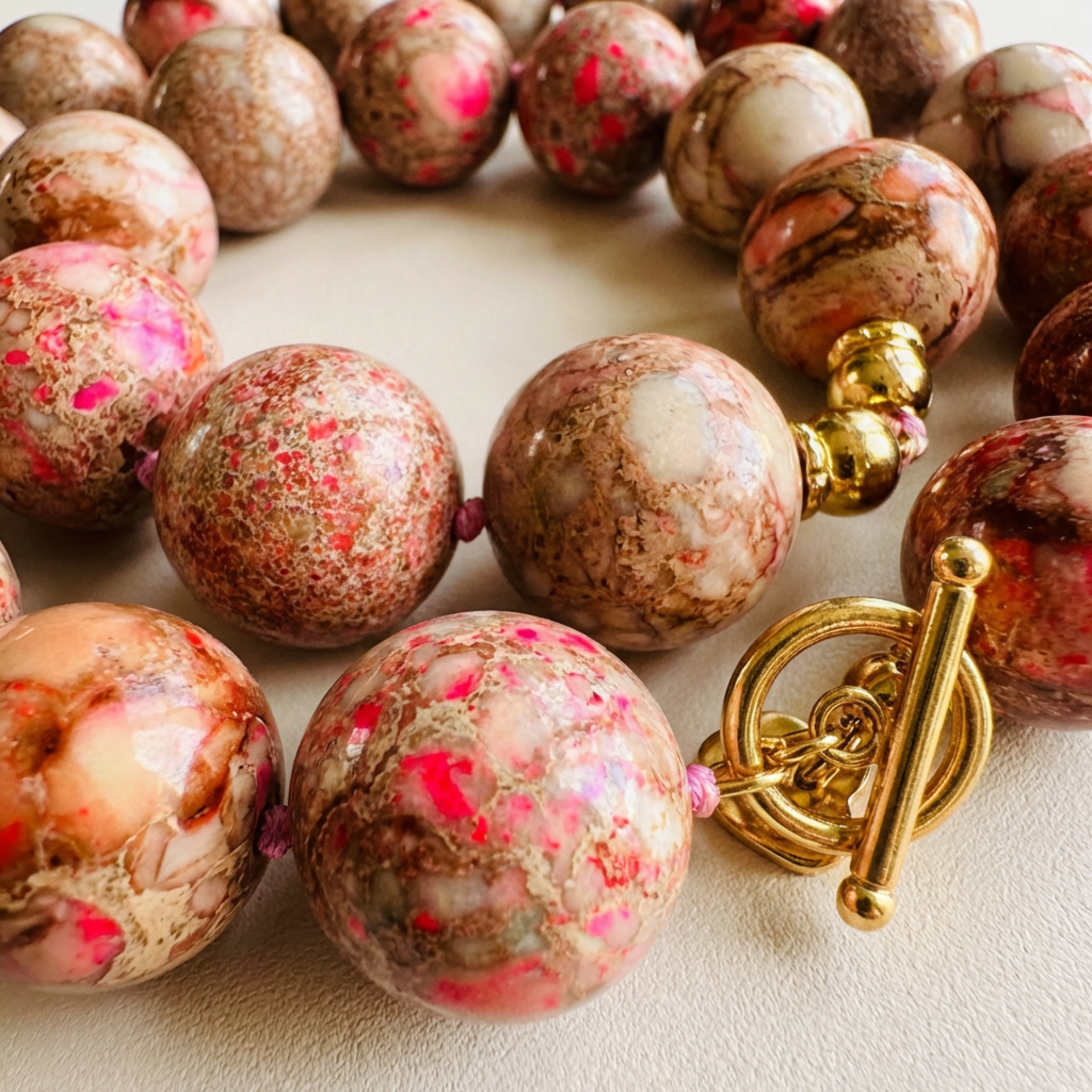 Marbled bead bracelet with a gold clasp on a light background