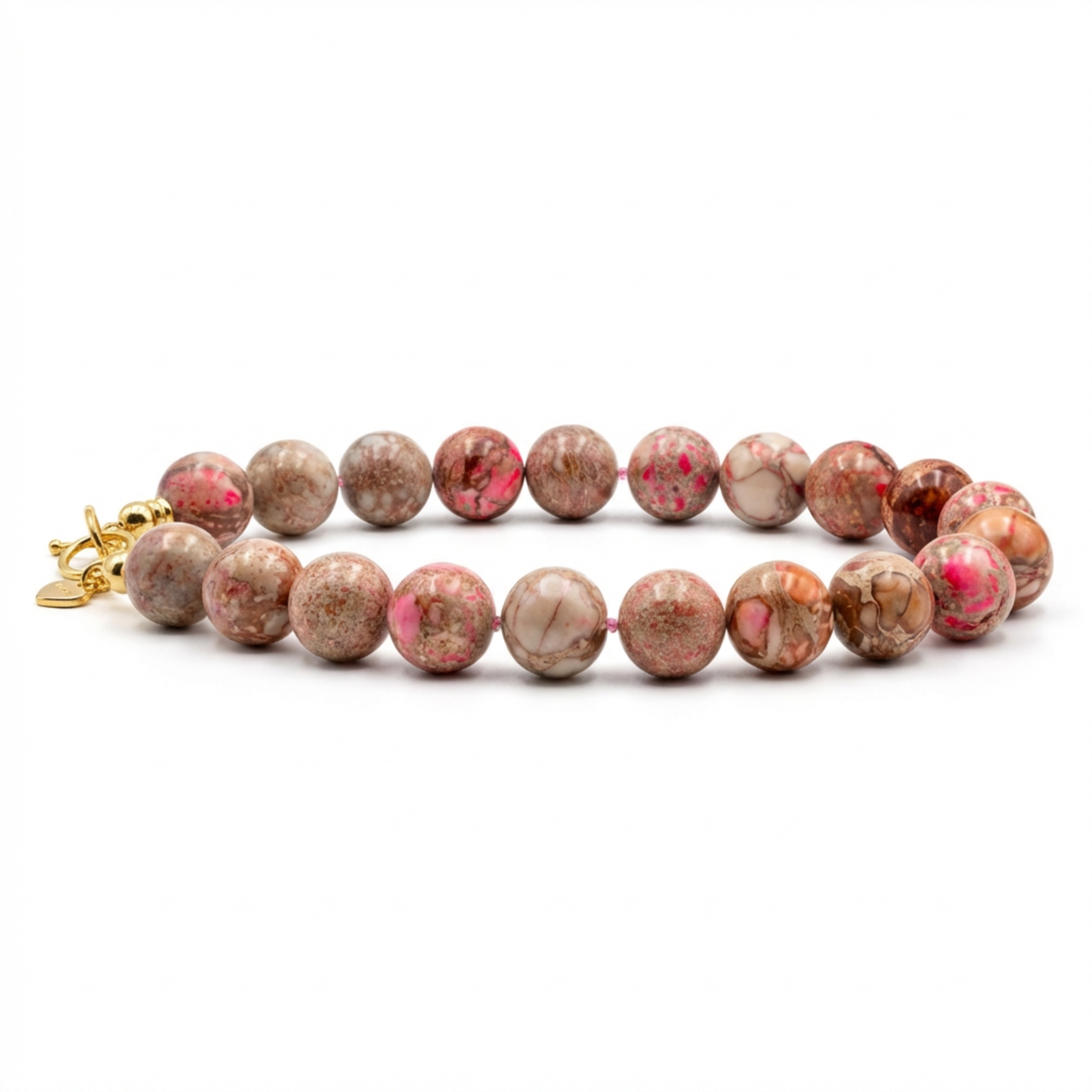 Bracelet with pink and brown beads on a white background