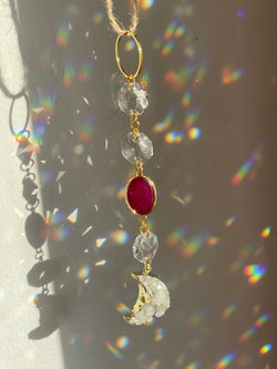 Hanging ornament with pink agate and crescent 