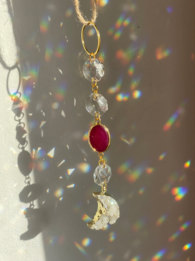 Hanging ornament with pink agate and crescent 