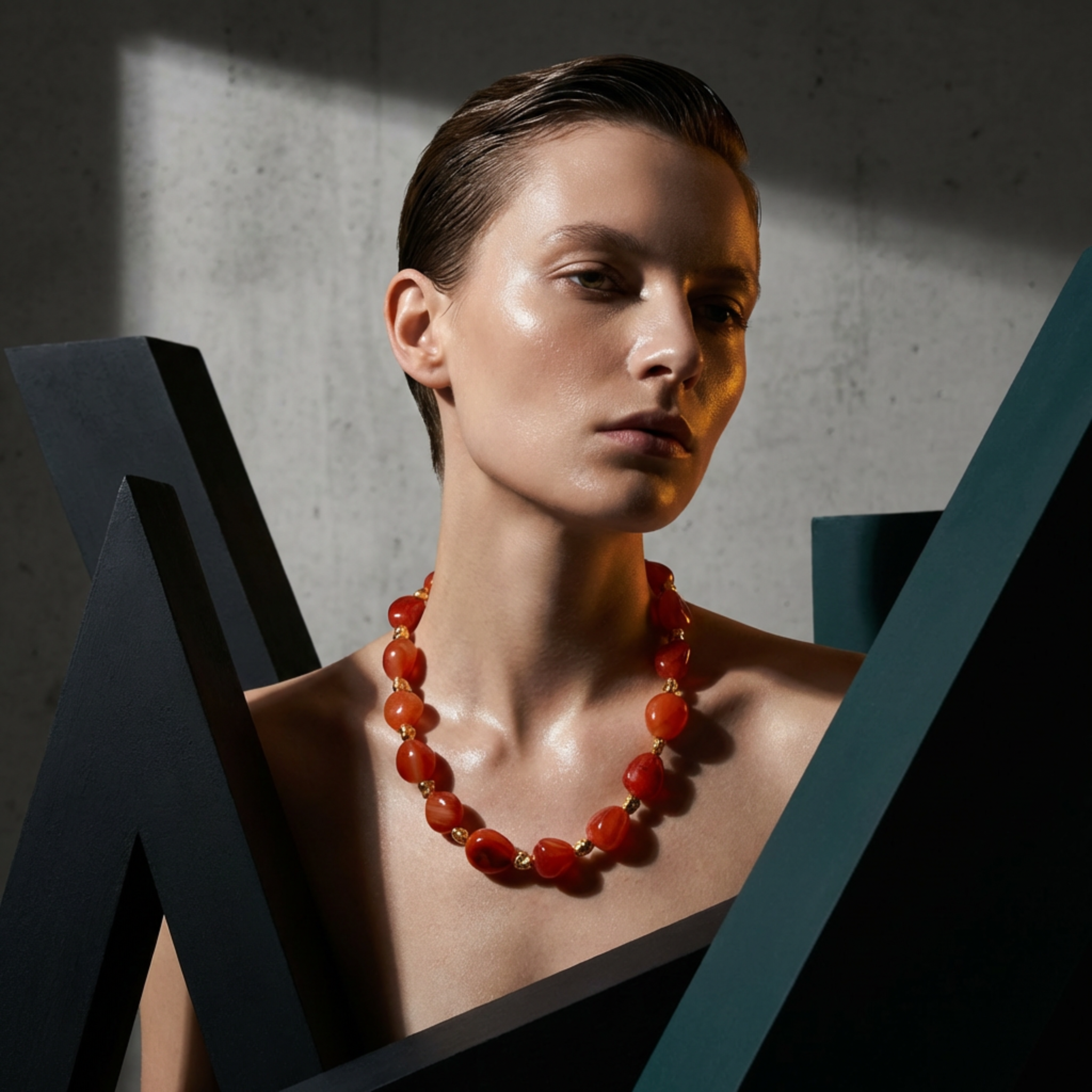 Woman wearing a red necklace against a dark background
