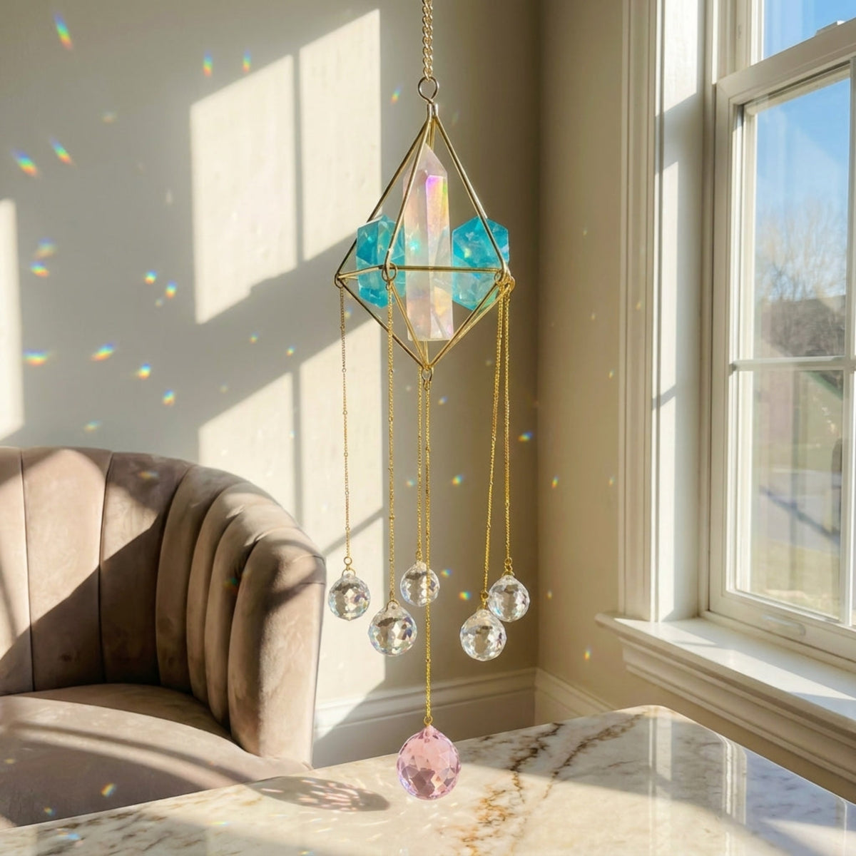 Rose & Blue Quartz Tower Hexagonal Pyramid Sacred Light Talisman