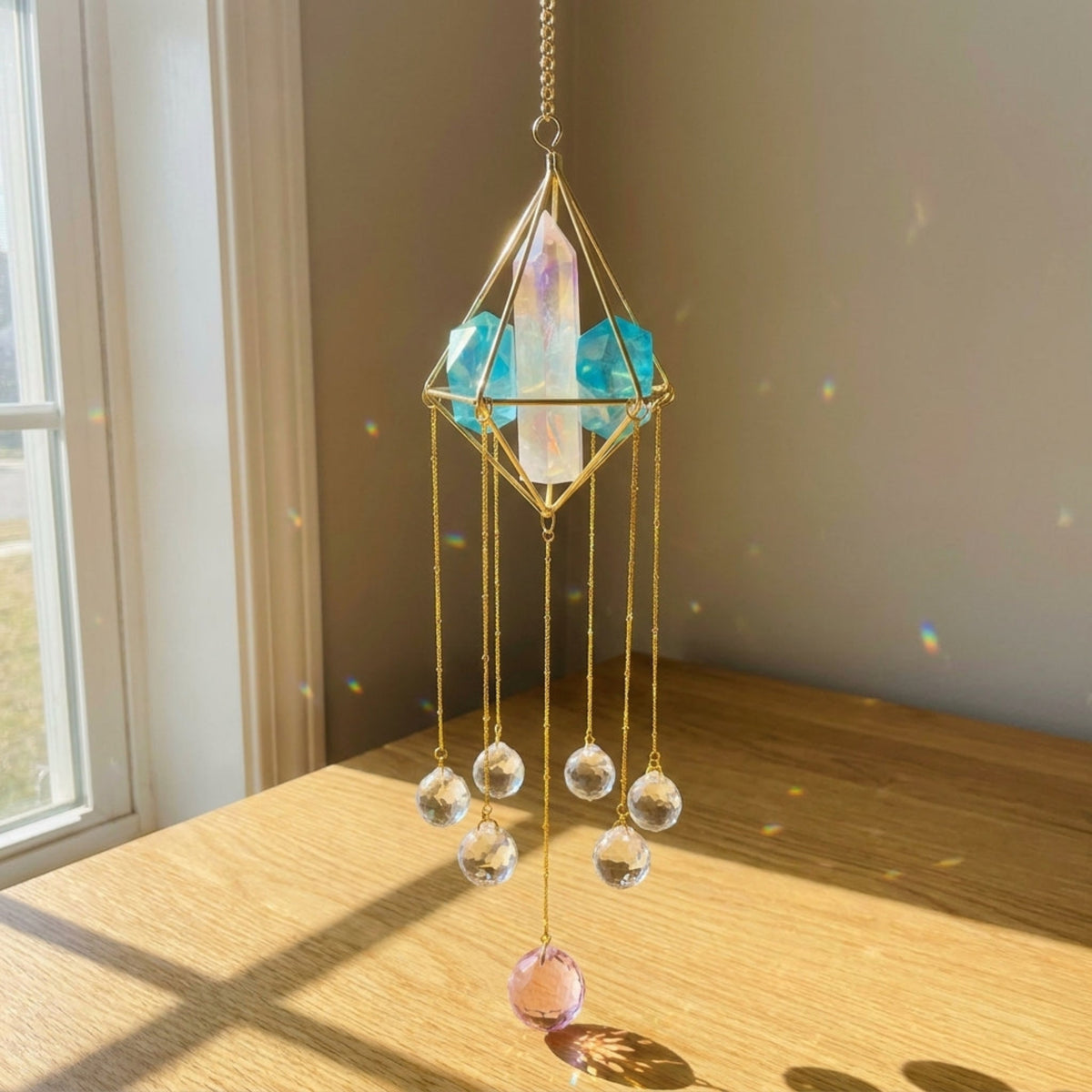 Rose & Blue Quartz Tower Hexagonal Pyramid Sacred Light Talisman