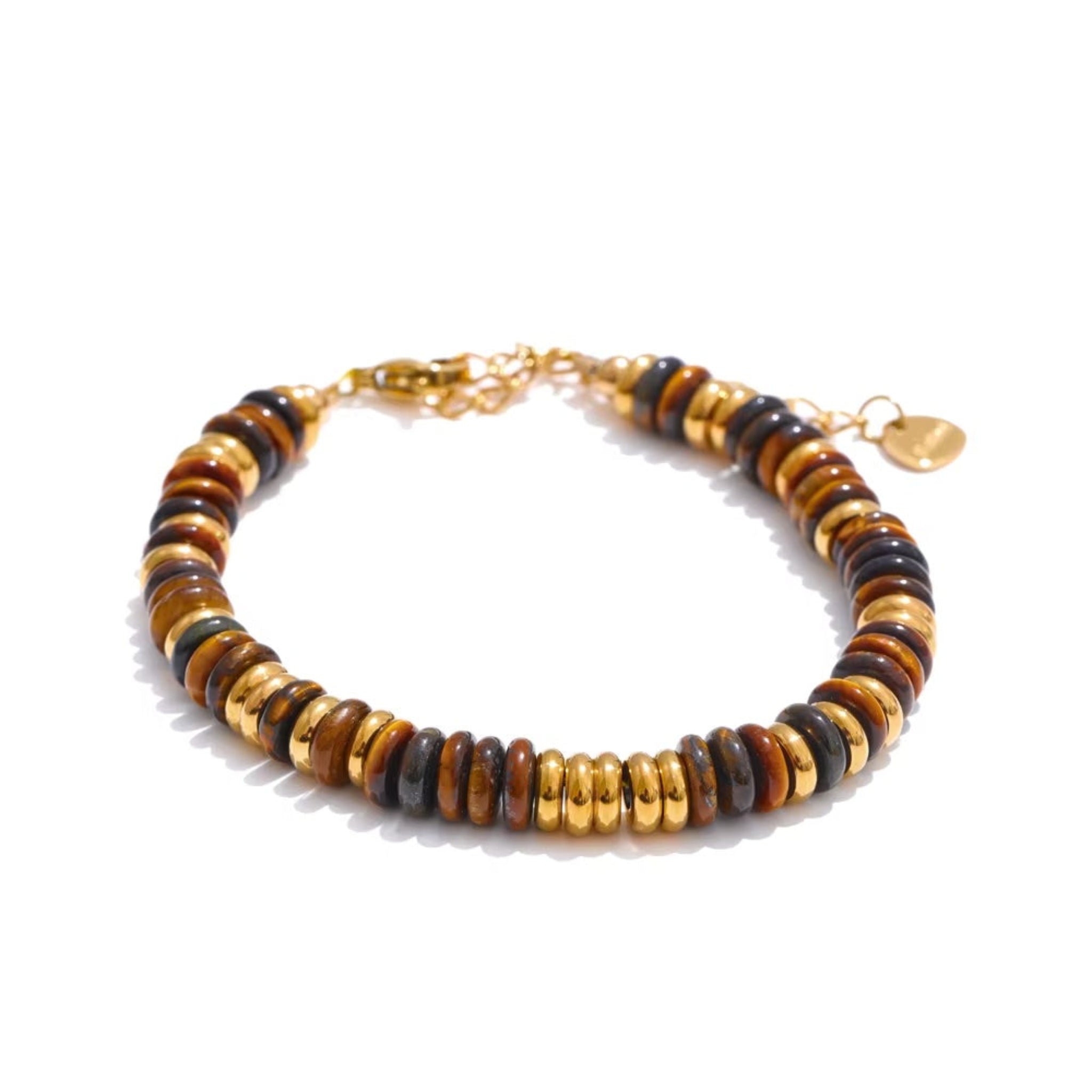 Heishi bead tigers eye bracelet on white background